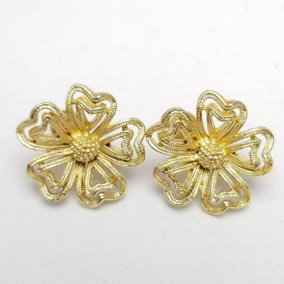 Vintage Lisner Gold Tone Flower Clip On Screw Back Earrings, Signed Estate - Picture 6 of 7